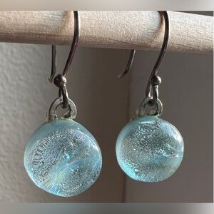 Vintage Czech Crackle Glass Silver Drop Aqua Earrings Estate
